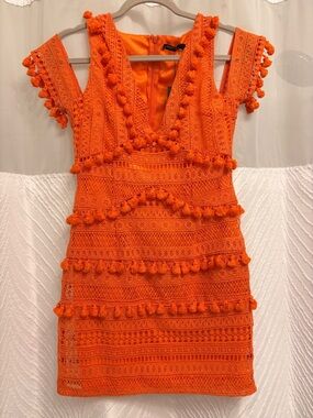 Nasty Gal Bright Orange Crochet Pom-Pom Mini Dress